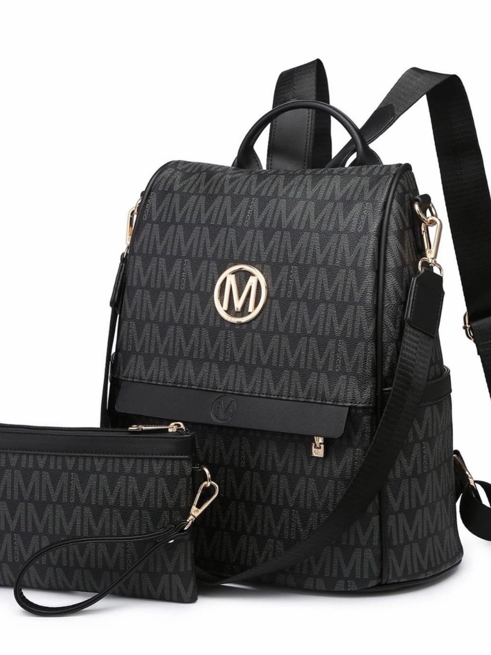 M Marco Black Monogram Backpack Purse & Wristlet Set NWT Vegan Leather
